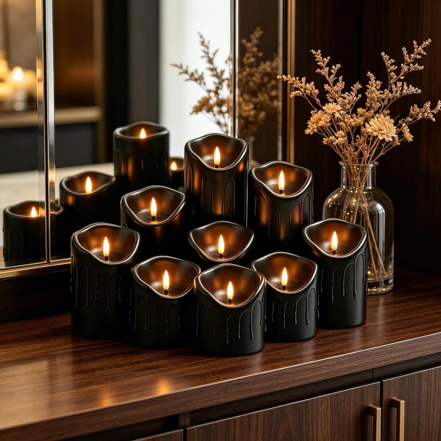 Nimiko Flameless Candles with Remote, Battery Operated Flickering Flameless Candles, LED Candles with Timer 2/4/6/8H, with Realistic LED Candles Set of 9 (D3 x H 3" 4" 5" 6" 7") (Ivory)