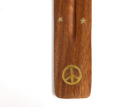 Wooden Incense Holder for Sticks with Inlays of Brass Crescent Moon 10 inches Long