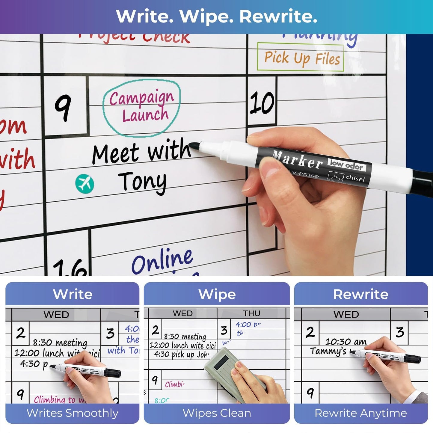 Dry Erase Monthly Extra Large White Board Calendar for Wall, 25" by 38", Jumbo Laminated Erasable One Month Whiteboard Calendar, Huge Oversized Blank 30-Day Poster with Lines and Squares