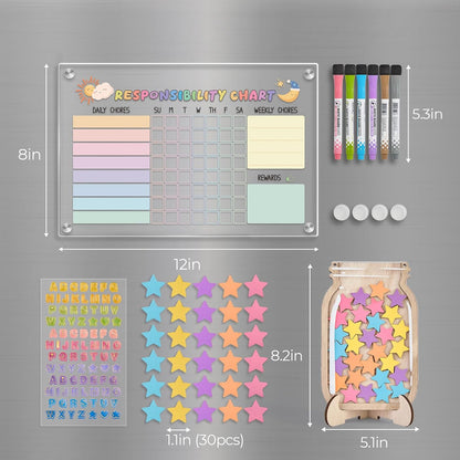 Acrylic Magnetic Kids Chore Board & Star Reward Jar - Dry Erase Fridge Calendar with Erasable Markers, Wooden Stars & DIY Stickers for Visual Schedule, Behavior Tracking & Potty Training Toddlers
