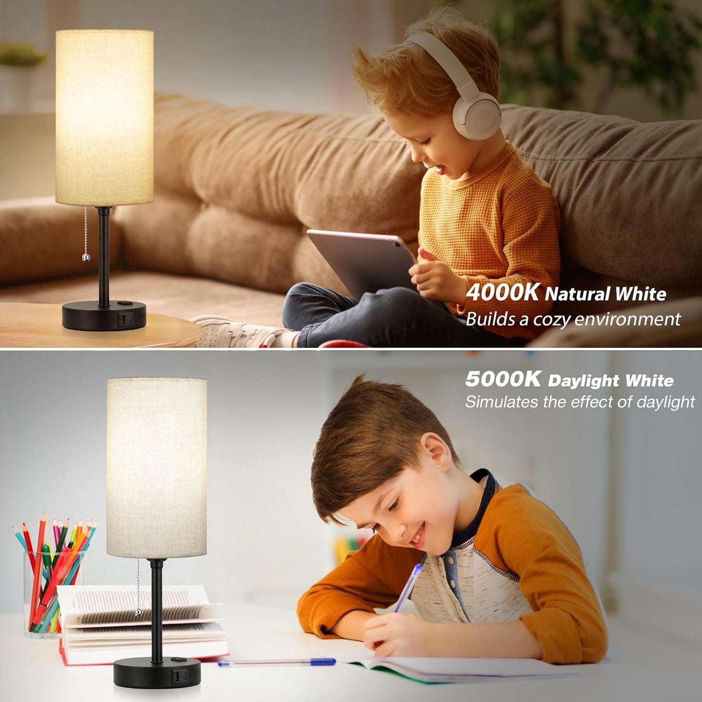 Small Bedside Table lamp for Bedroom - 3 Color Temperatures Bedside Lamps with USB C and A Ports, Pull Chain Table Lamps with AC Outlet, White Nightstand Lamps with Black Metal Base for Kids Reading