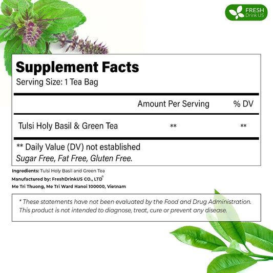 FreshDrinkUS, Premium 55 Tulsi Green Tea Bags, 100% Natural & Pure, Herbal Tea, No Sugar, No Caffeine, No Gluten, Vegan.