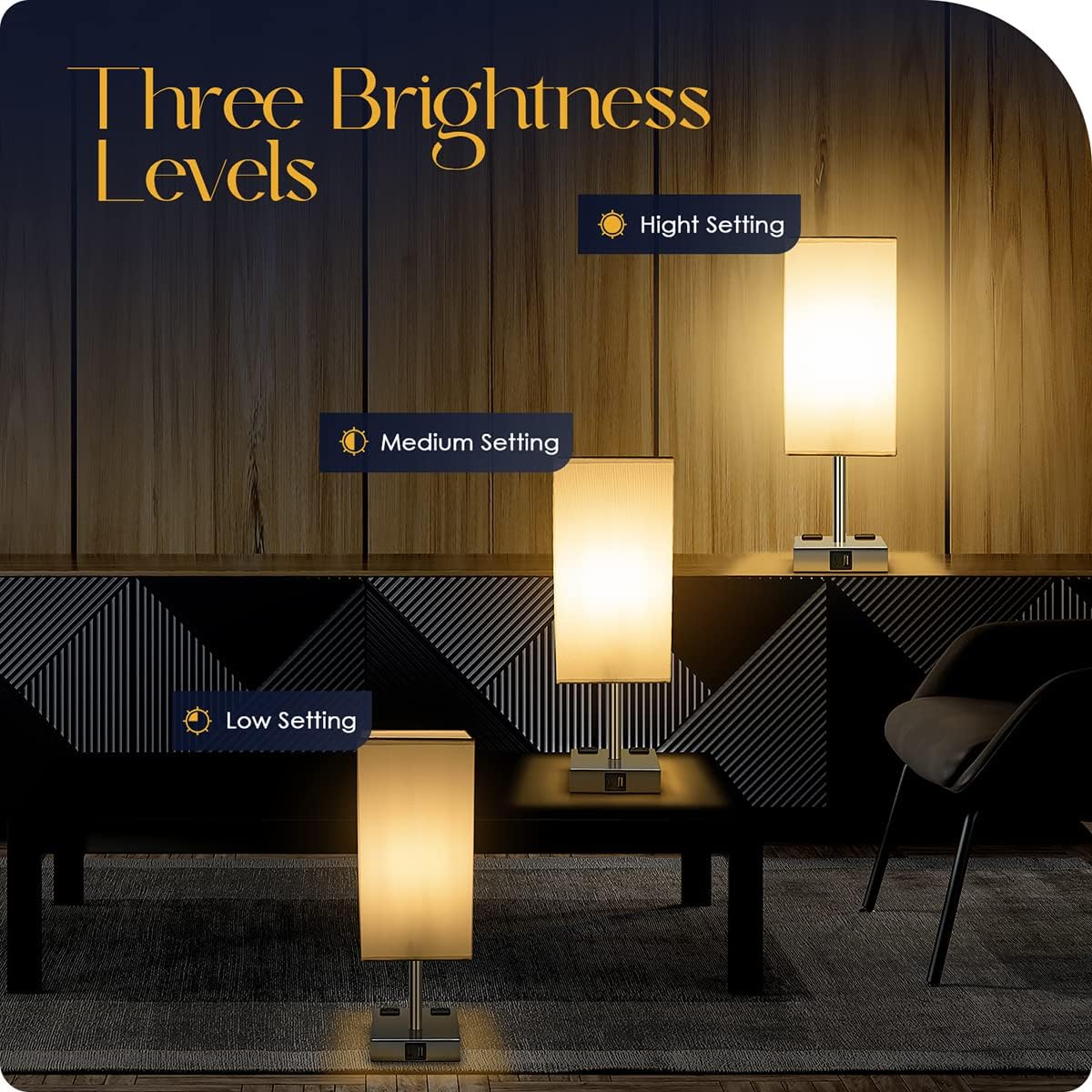 Bedside Table Lamp for Bedroom - Touch Small Lamp with USB C+A Charging Ports & AC Outlets, 3 Way Dimmable Nightstand Light for Living Room (LED Bulb Included, Grey)