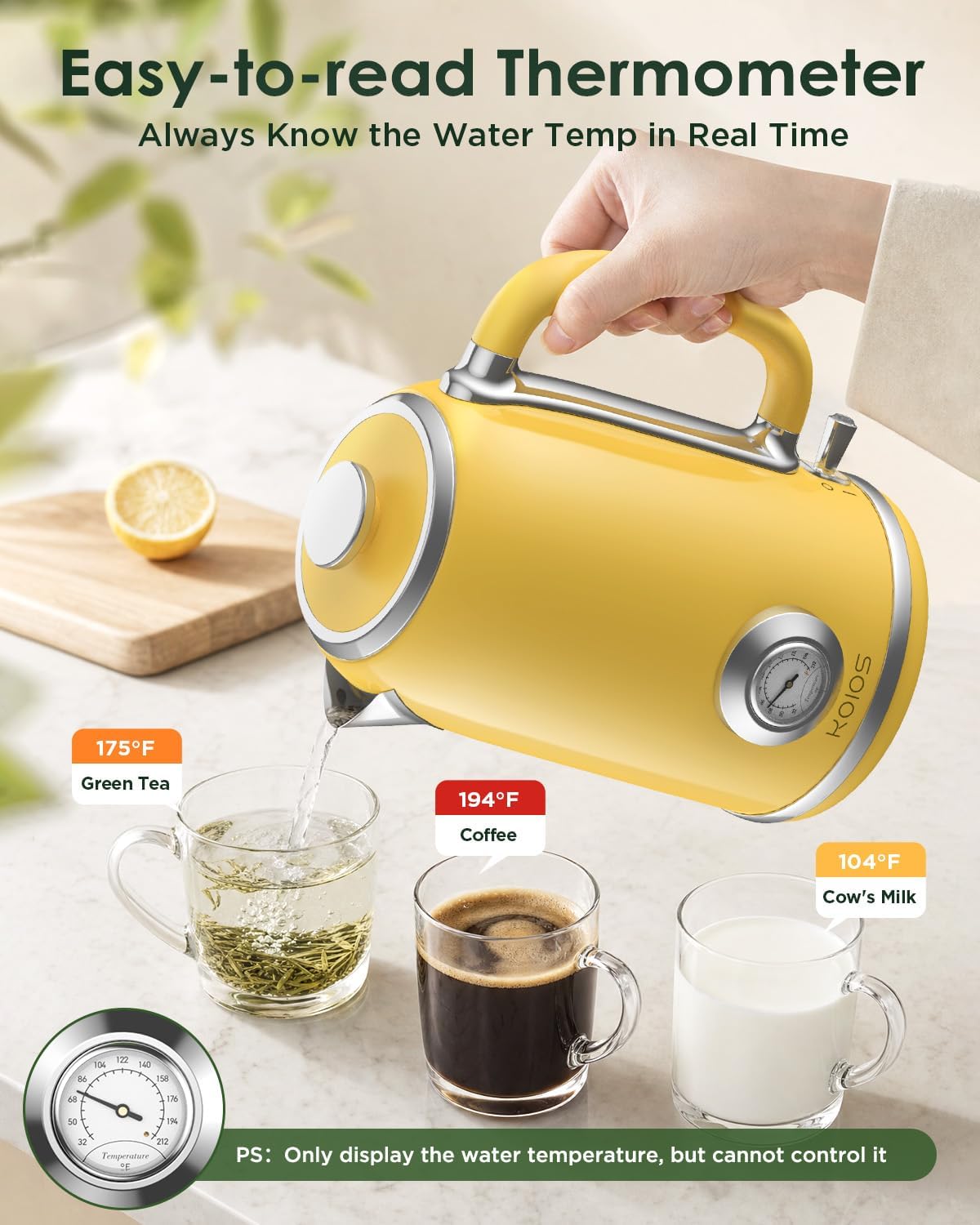 Electric Kettle 1.8L with Temperature Gauge, 1500W Fast Boiling Electric Tea Kettle, 100% Stainless Steel Retro-Style Hot Water Kettle Electric - Glowing LED Light, Auto Shut-Off & Boil-Dry Protection