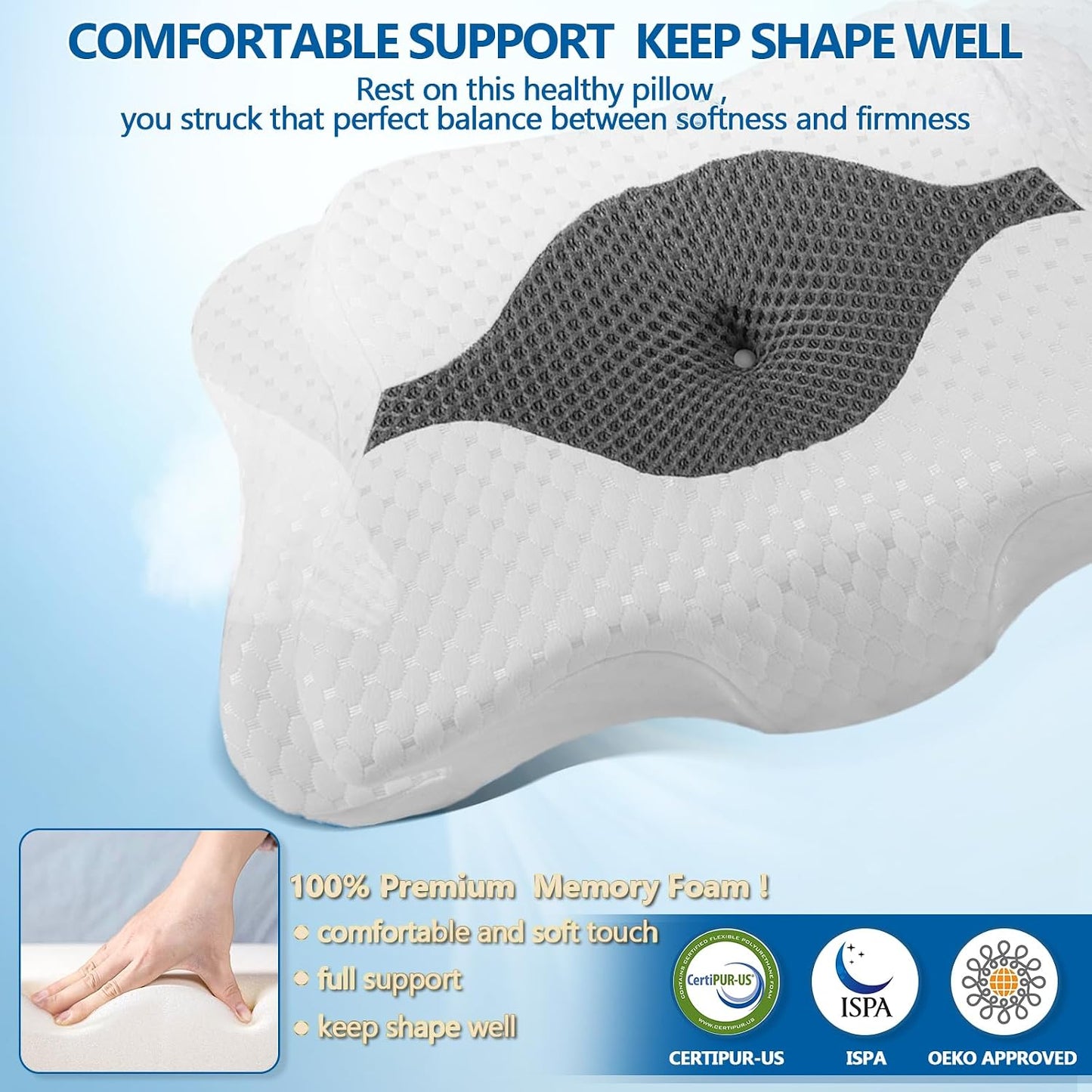CHxxy Cervical Neck Pillow for Pain Relief Sleeping, Memory Foam Pillows, Ergonomic Side Sleeper Pillows, Cooling Orthopedic Neck Support Pillow for Back Stomach Sleepers-Queen Size Grey&Grey