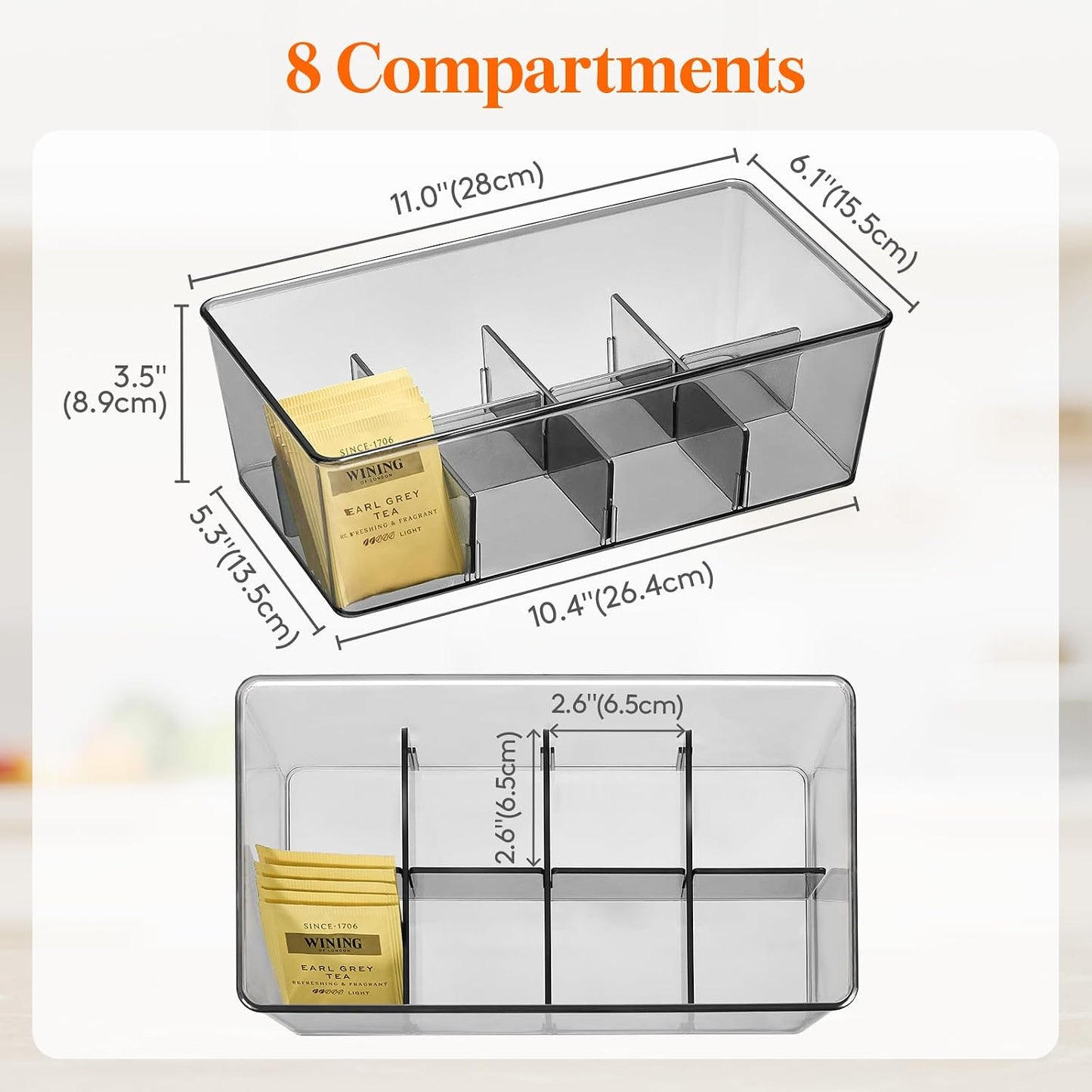 Lifewit Tea Bag Organizer with lids, Plastic Teabag Box with 16 Compartments, Stackable Divided Storage Containers for Cabinet, Pantry, Countertop, Sugar Packets, Clear, 29 cm/11.5 inch L, 2 Pack