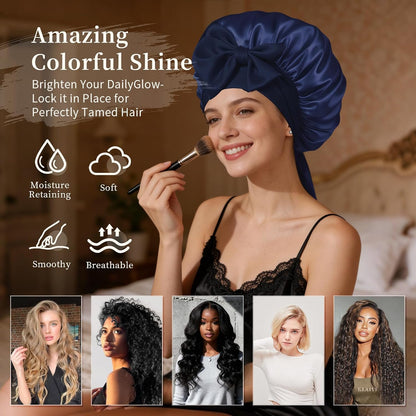 Silk Bonnet Satin Bonnet for Sleeping Large Bonnets with Tie Band Hair Wrap with Adjustable Straps Hair Cap for Women Curly Black