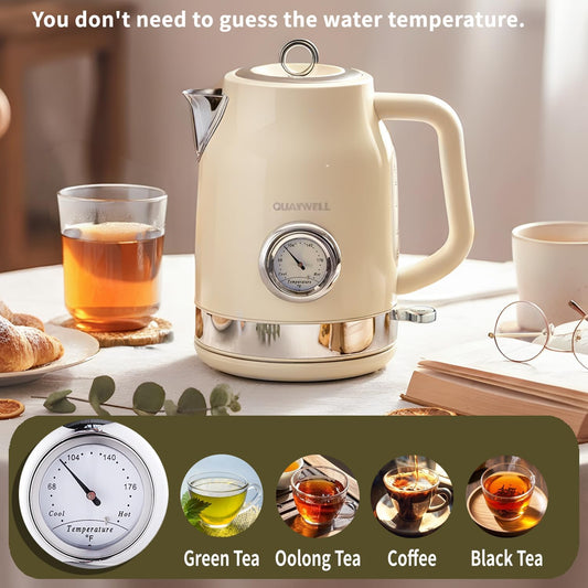 Retro Electric Kettle, 1.7L 304 Stainless Steel Tea Kettle with Temperature Gauge, 1500W Fast Boiling Water Boiler,Auto Shut-Off & Boil-Dry Protection, BPA-Free, Matte White and Gold