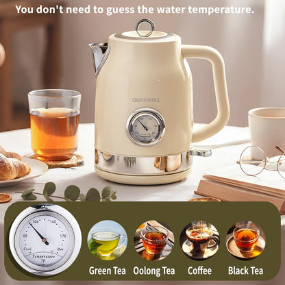 Retro Electric Tea Kettle, 1.7L, Matte White and Gold