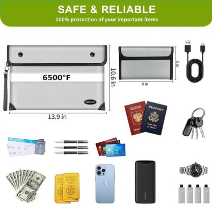 Upgraded 6500° Fireproof Money Bag for Cash,11.2"×7.7"& 8"×5"Small Fire Proof Money Bag for Cash with Reflective Strips,Portable Fire Safe Bag for Passports,Cash,Power Bank,Valuables