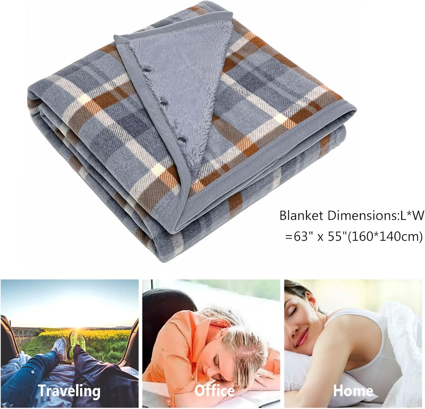 forestfish Fleece Wearable Blanket, Plaid Lap Blanket Comfy Poncho Throw with Buttons for Bed Sofa Office, Grey-White