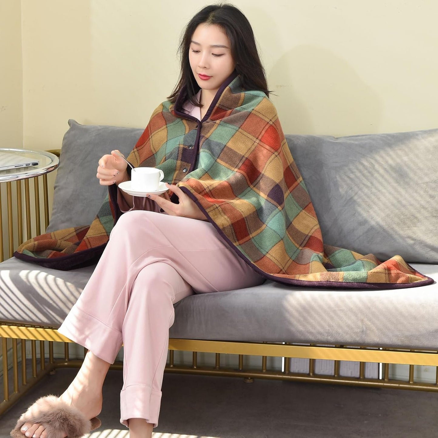 forestfish Fleece Wearable Blanket, Plaid Lap Blanket Comfy Poncho Throw with Buttons for Bed Sofa Office, Grey-White