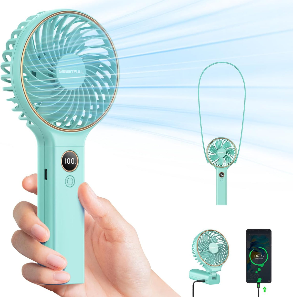 SWEETFULL Handheld Portable Fan, 5000mAh Rechargeable Battery, 6 Speed Wind, LED Digital Display, Foldable Electric Personal Mini Travel Fan with Backup Power, Summer Essentials Gifts for Women Girl