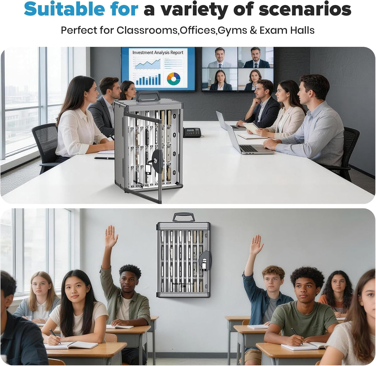 24 Slots Cell Phone Locker, Classroom Phone Storage Cabinet with Key, 【Wall Mounted】 【Aluminum Alloy】 Phone Lock Box, Mobile Phone Lockbox with Handle for School Office Exam(Silver)