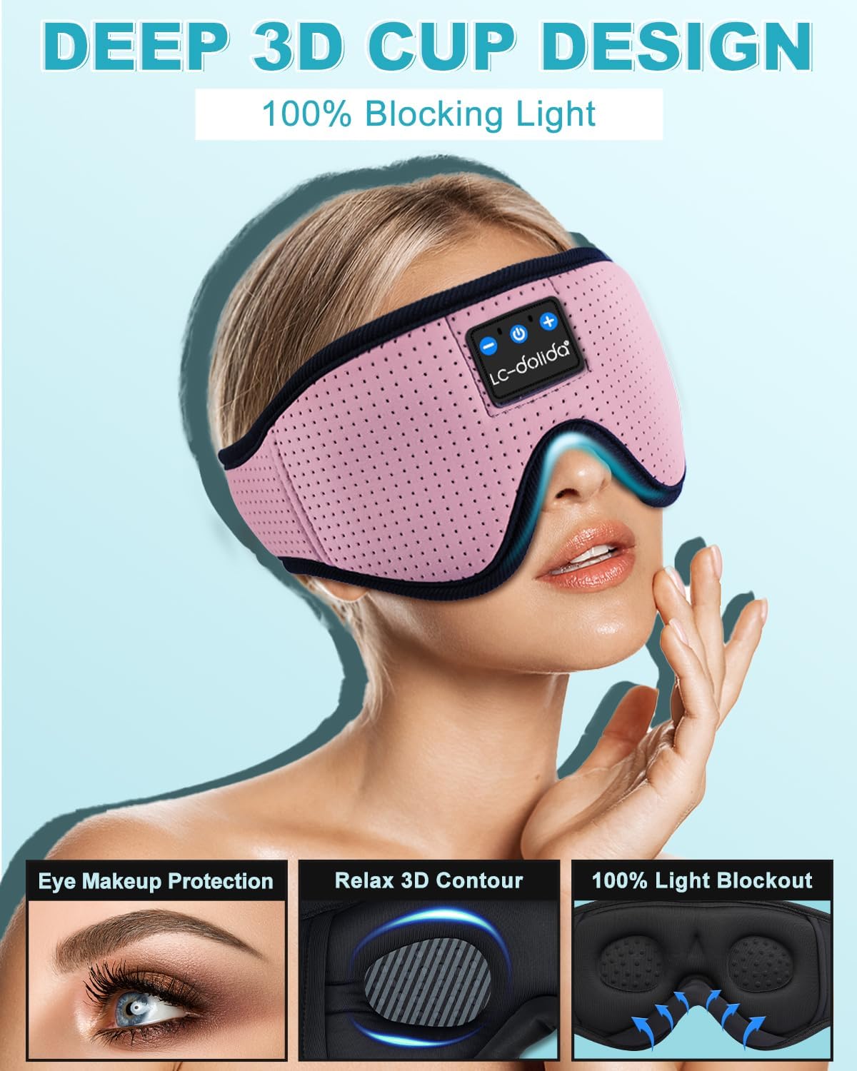 LC-dolida Sleep Headphones, 3D Sleep Mask Bluetooth Wireless Music Eye Mask, Sleeping Headphones for Side Sleepers Sleep Mask with Bluetooth Headphones Ultra-Thin Stereo Speakers Perfect for Sleeping
