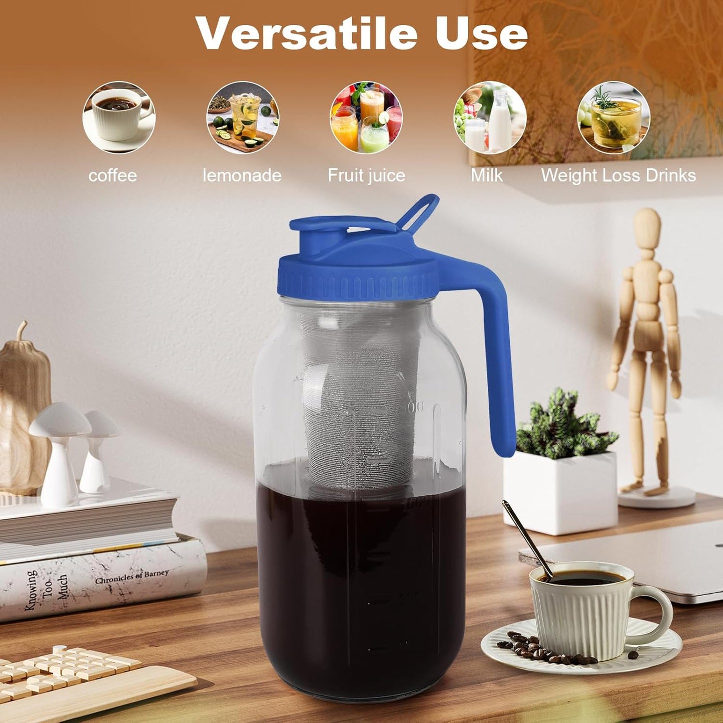 Cold Brew Coffee Maker,64 oz Mason Jar Pitcher with Stainless Steel Filter, Pour Spout Handle Lid, Heavy Duty Glass Airtight & Leak-Proof for Iced Coffee,Tea & Lemonade