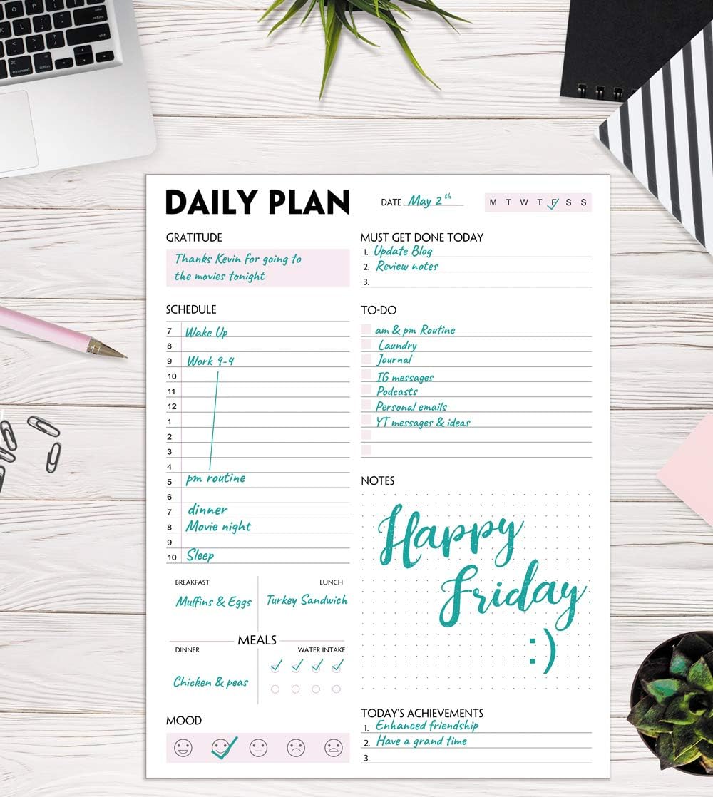 Daily Planner Notepad - A5 Calendar, Scheduler, Organizer with Priority, To Do List, Appointments, Notes, Meals and Water Intake Tracker, 50 Undated Tear-Off Sheets Planning Pad, 5.8"x8.25"