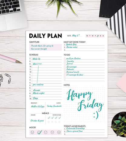 Daily Planner Notepad - A5 Calendar, Scheduler, Organizer with Priority, To Do List, Appointments, Notes, Meals and Water Intake Tracker, 50 Undated Tear-Off Sheets Planning Pad, 5.8"x8.25"