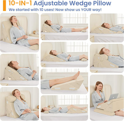 Sasttie Wedge Pillow Set for After Surgery, 2PCS Adjustable Bed Wedge Pillow Headboard with Memory Foam Neck Cushion – for Acid Reflux, Sleeping, Neck & Back Support, Dark Grey & White