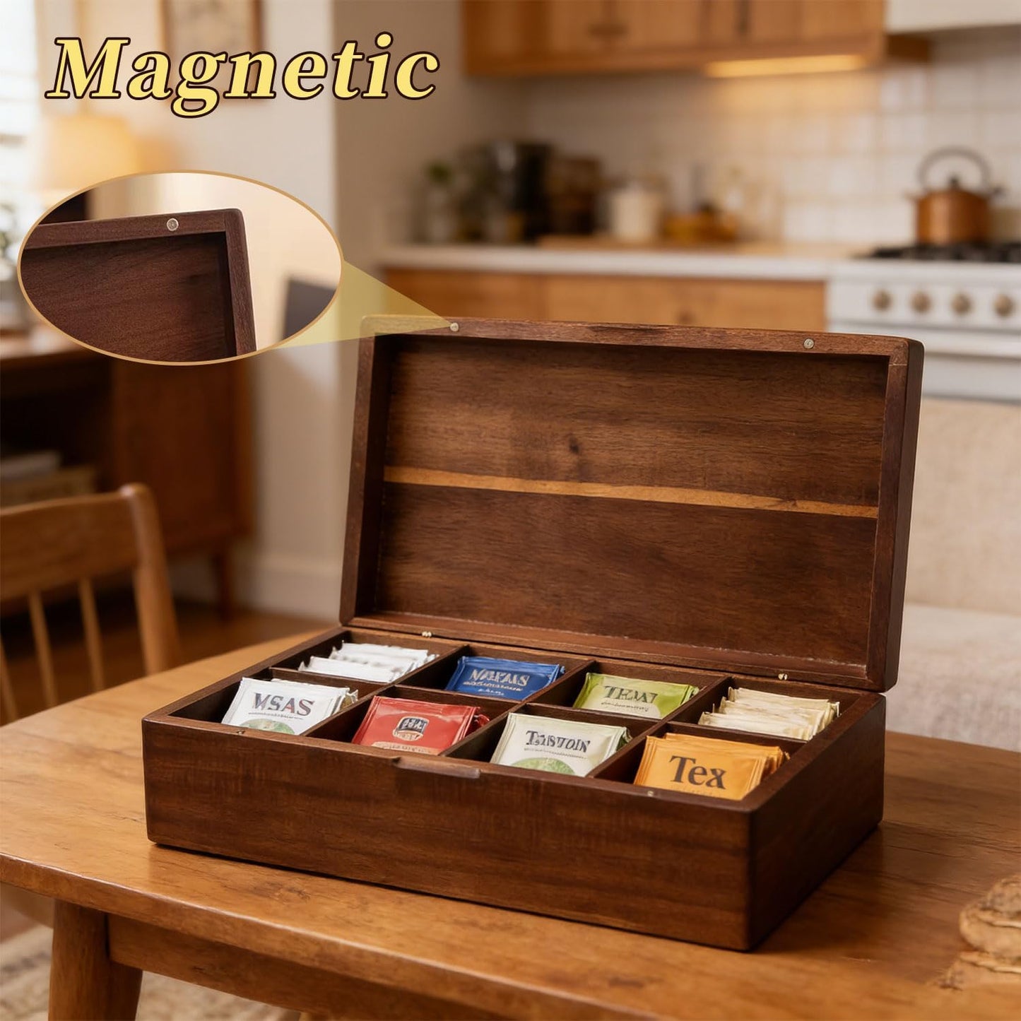 Acacia Wood Tea Bag Organizer with Compartments, Tea packet Storage Boxes & Display Caddy, Multi-Slot Teabag Holder Container Chest for Countertop, Organizador de Té