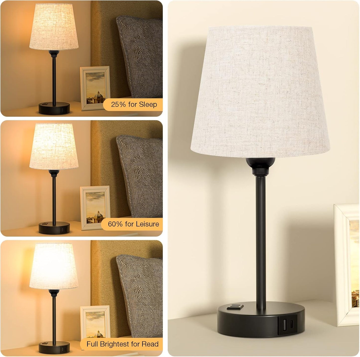 Mini Bedside Lamps for Bedrooms Set of 2 - Nightstand Bedroom Lamps with USB C Port and AC Outlet Charging, Dimmable Touch Small Bed Side Table Lamp, Black Night Stand Light for Kids/Guest Room