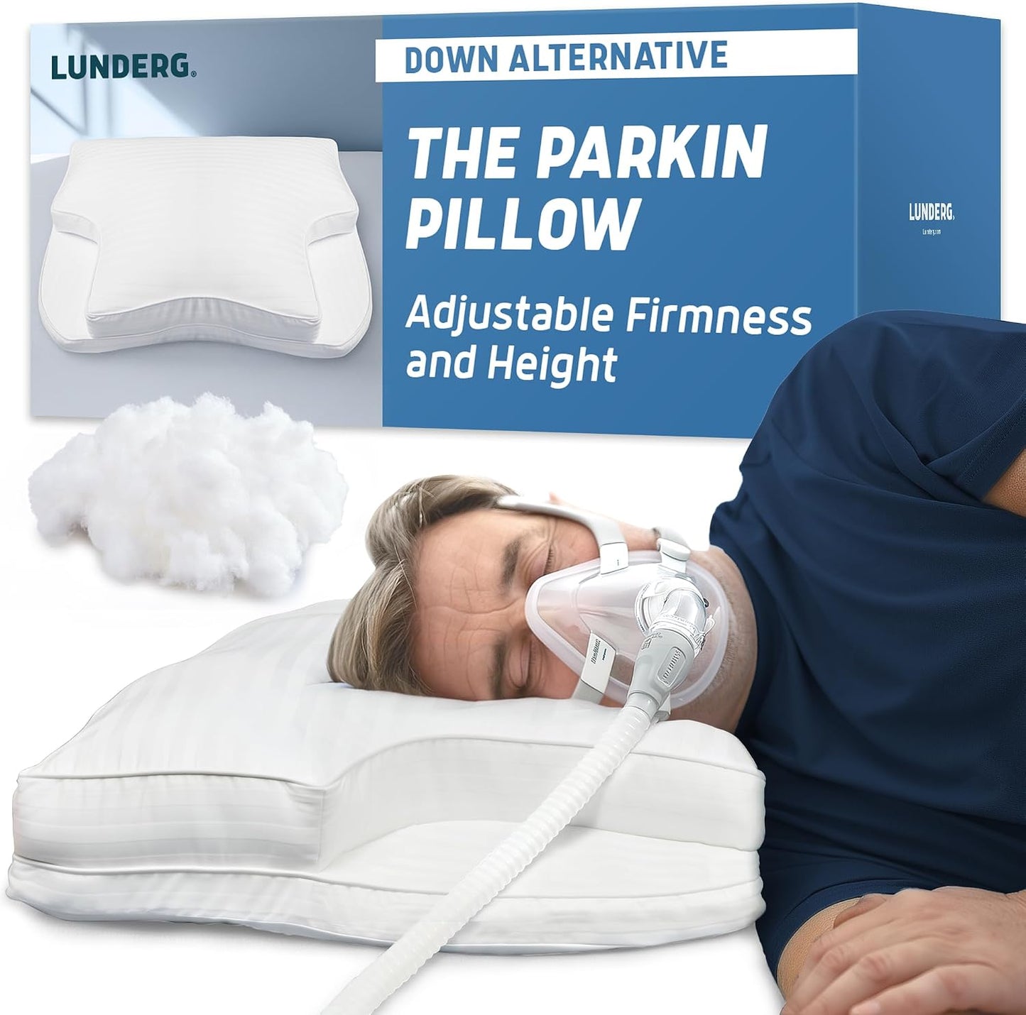 Lunderg Parkin CPAP Pillow for Side & Back Sleepers - The Only Down Alternative with Adjustable Filling & 100% Cotton Case - Reduce Air Leaks & Mask Pressure for Better Sleep - Works with All Masks