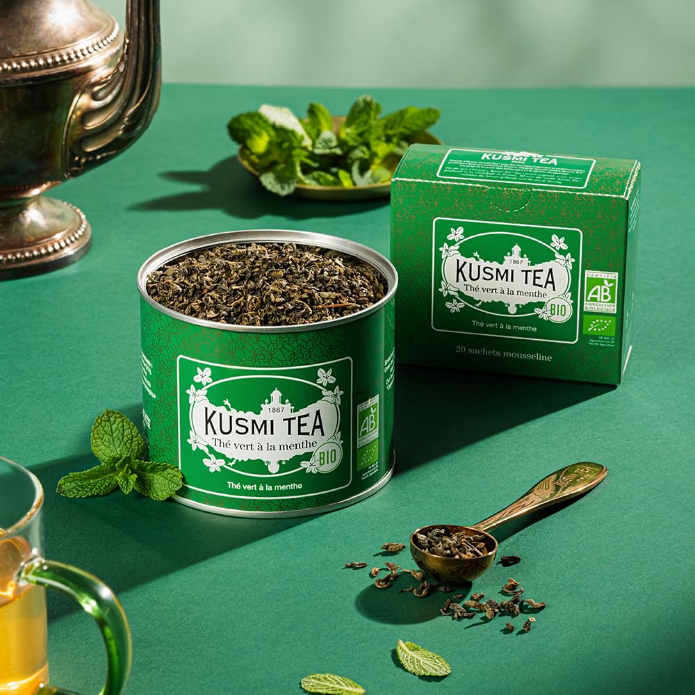 Kusmi Tea - Pack of 2 Boxes of Tea Bags - Spearmint Green - Organic Blend of Gunpowder Green Tea with Mint - Peppermint Tea - Enjoy Hot or Ice - Organic Flavored Green Tea - 2x20 Tea Bags
