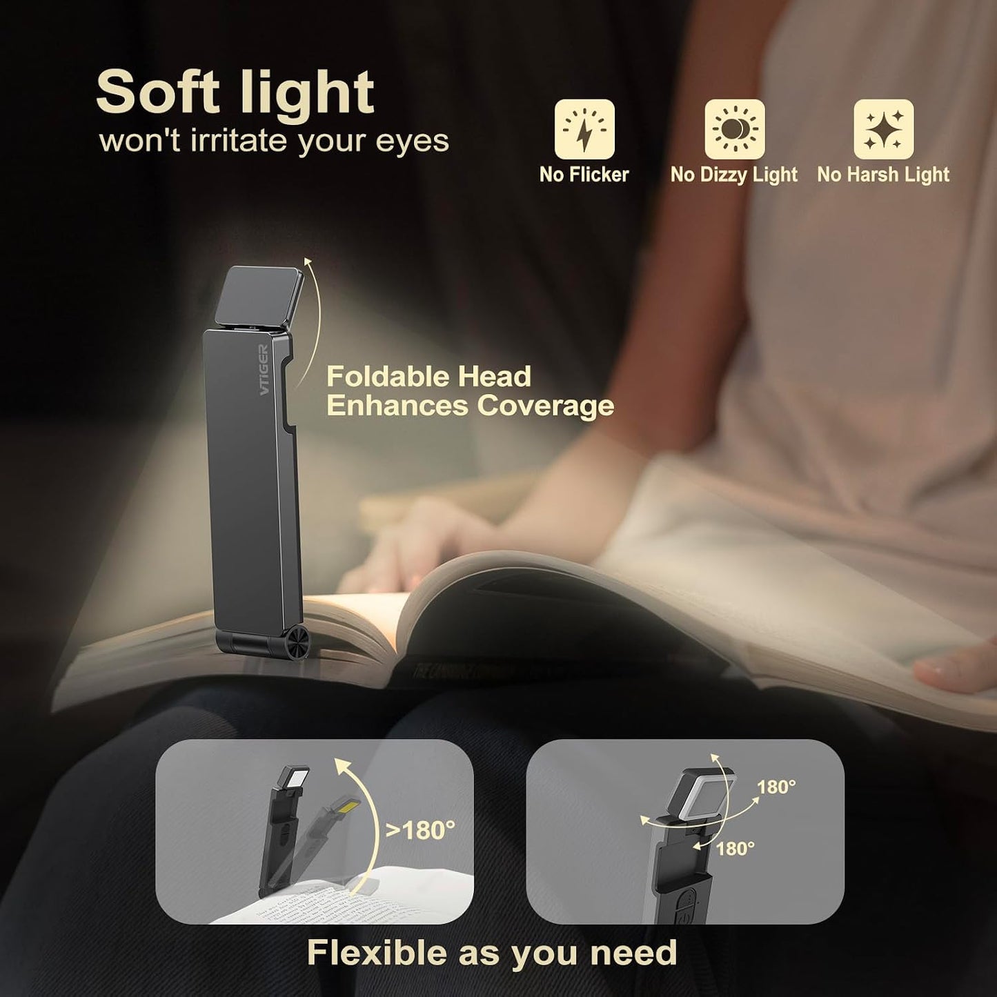 VTIGER Reading Light, USB Rechargeable Book Light for Reading in Bed,Foldable Clip-on LED Booklight, 3 Amber Colors & 4 Brightness Dimmable,Long Lasting Portable Bookmark Lamp for Book Lovers, Kids