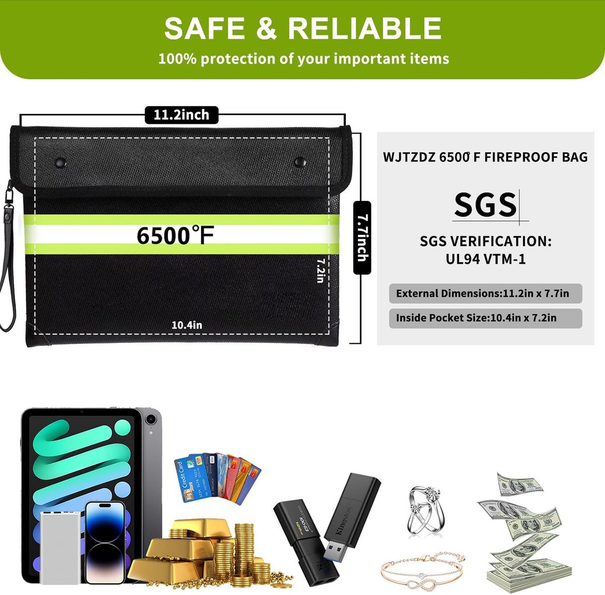 Upgraded Fireproof Money Bag,10 Layers of Heat Insulated Materials 6500°F