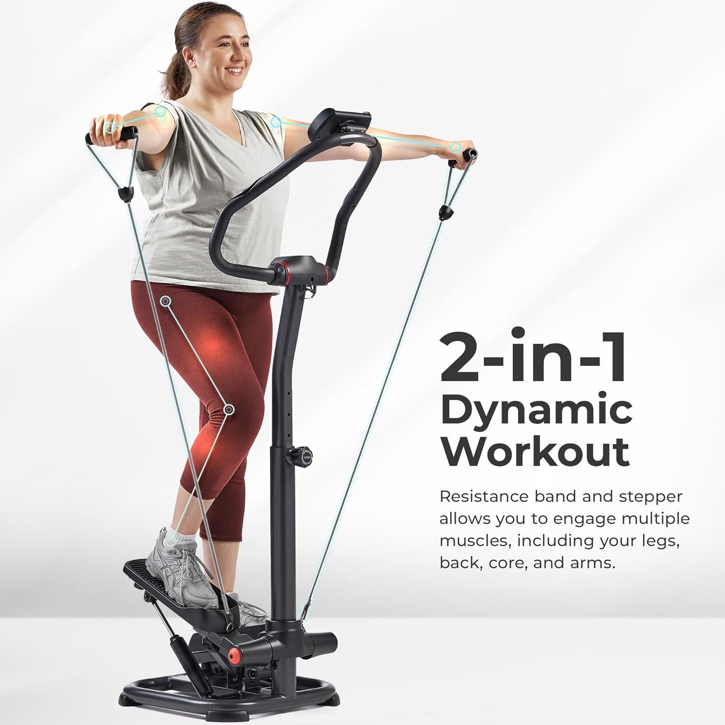 Sunny Health & Fitness 2-in-1 Power Stepper, 400 lb Weight Capacity, Resistance Bands, Height-Adjustable, Low-Impact Cardio, Bluetooth + SunnyFit App, SF-S021054