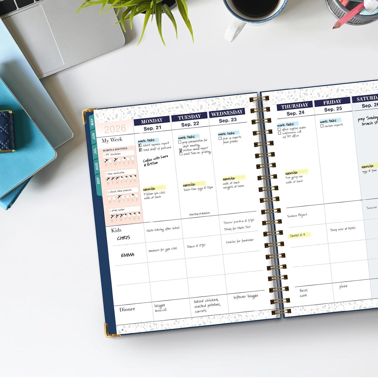 FAMILY PLANNER ORGANIZER – 8.5" x 11" Weekly & Monthly Calendar (May 2026-Jun 2027). 5+ People, Meal Planning, Budgeting, Habit Tracker – Hardcover, Household Schedule Organizer for Parents, Kids, & Caregivers (Navy Gold Numbers)