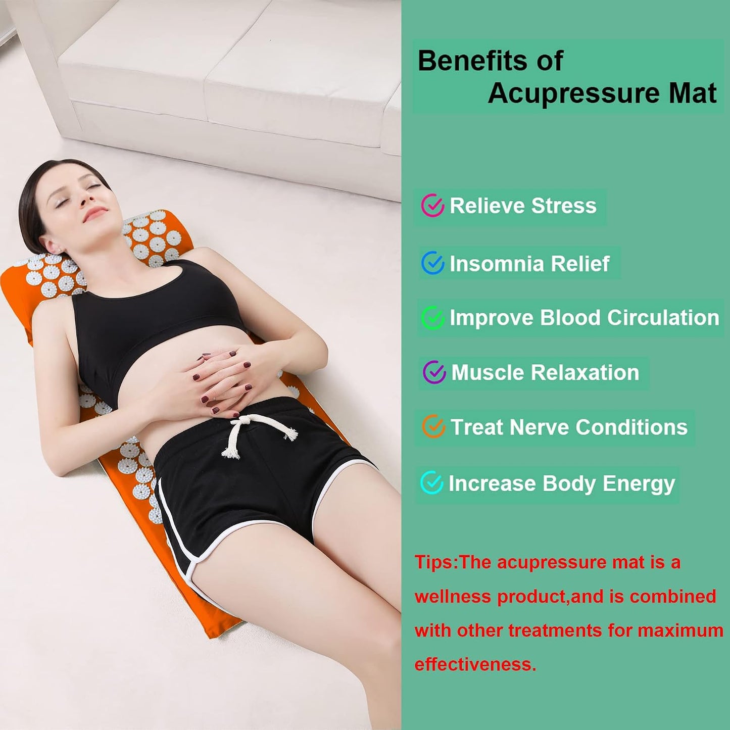 XiaoMaGe Acupressure Mat and Pillow Set with Bag - Extra Long Acupuncture Mat for Neck & Back Pain Relief- Naturally Relaxation Gift for Women - Stress Relief Massage Mat (Black)