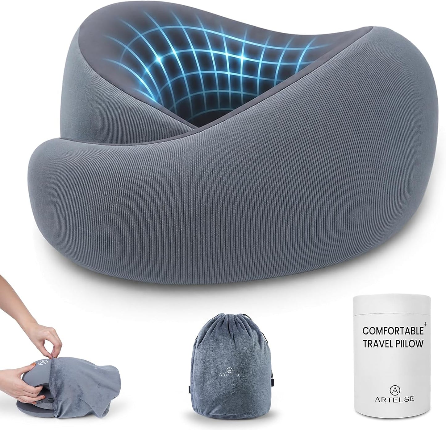 Travel Pillow for Airplane - Memory Foam Neck Travel Pillow with 360° Chin & Neck Support, Dual Raised Sides, Washable Breathable Cover, Compact Travel Bag for Long Flights, Car, Train, Sleeping