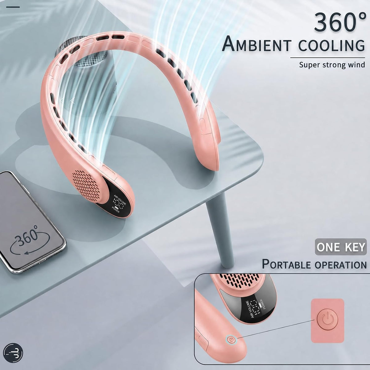 ASNUG Neck Fan, USB Rechargeable Personal Fan, 4000 mAh Battery Operated, 3 Speeds Adjustable, Faster Cooling, Ultra Quiet, Suitable for Home, Office, Travel, Sports