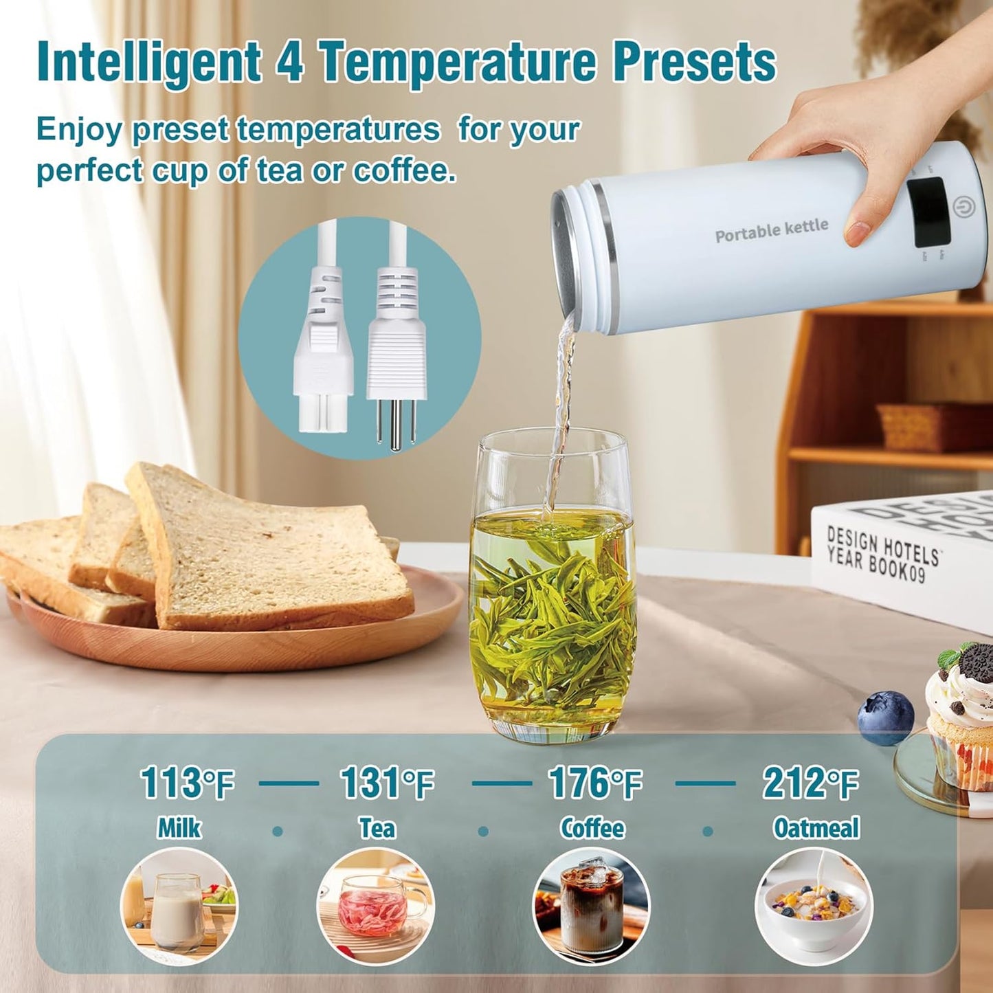 Travel Electric Kettle Portable Mini Kettle,Small Hot Water Boiler with 4 Temperature Settings,304 Stainless Steel,Fast Boiling Water with Auto Shut-Off and Boil Dry Protection,400ml (Beige, 400ML)
