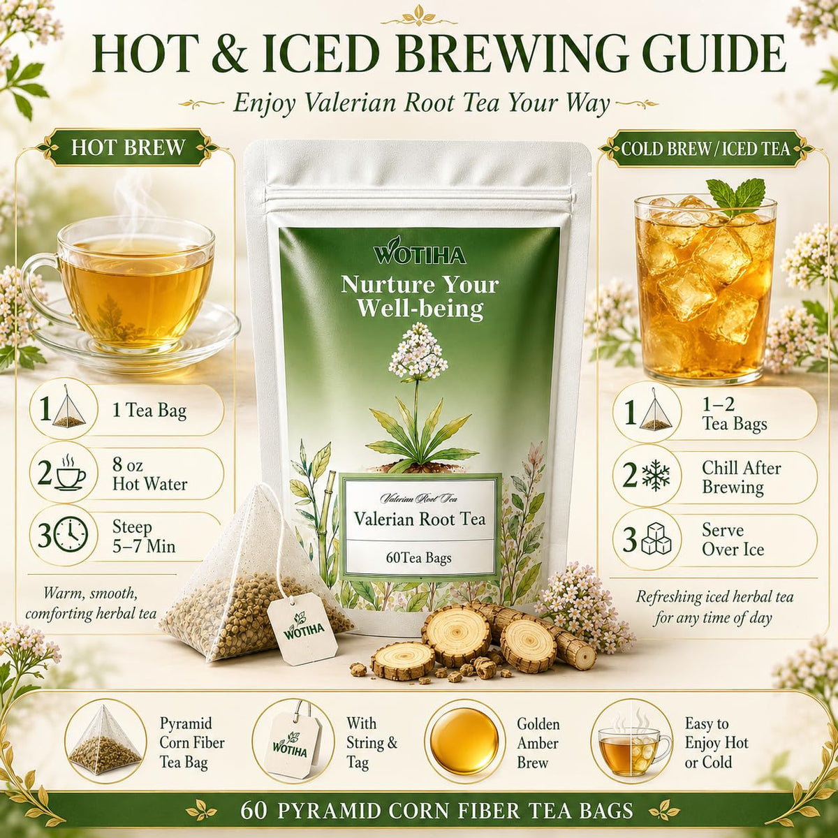 WOTIHA 60 Count Valerian Root Tea Bags - Pure Valeriana Herb for Bedtime Calm - Plant-Based Corn Fiber Pyramid Bags with String - Natural Earthy Flavor, Caffeine Free Herbal Tea