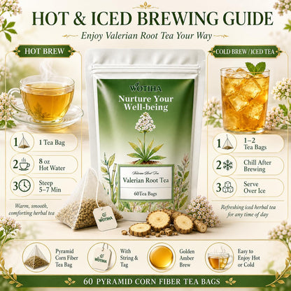 WOTIHA 60 Count Valerian Root Tea Bags - Pure Valeriana Herb for Bedtime Calm - Plant-Based Corn Fiber Pyramid Bags with String - Natural Earthy Flavor, Caffeine Free Herbal Tea