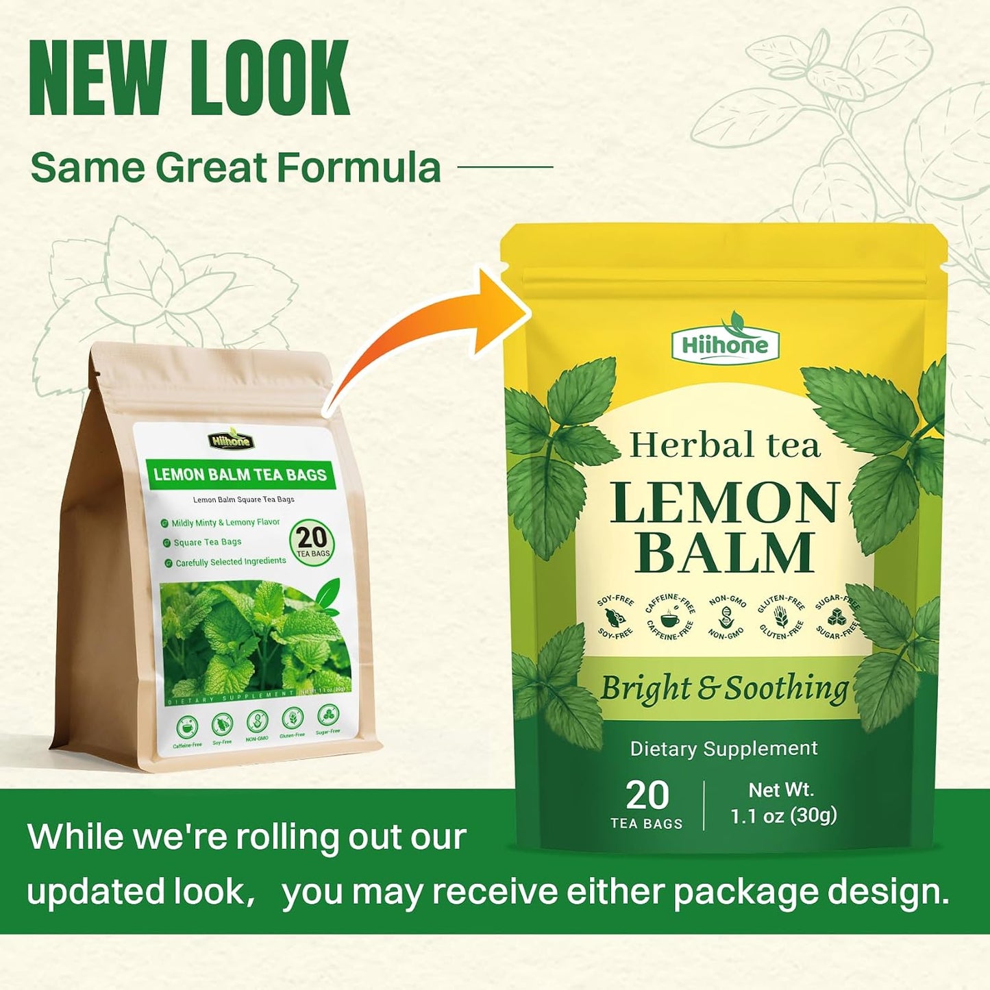 Hiihone Lemon Balm Tea Bags 20 Count – Pure & Natural Lemon Balm Tea, Caffeine-Free Herbal Tea, Calming & Soothing, Non-GMO, Fresh Citrusy Flavor