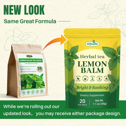 Hiihone Lemon Balm Tea Bags 20 Count – Pure & Natural Lemon Balm Tea, Caffeine-Free Herbal Tea, Calming & Soothing, Non-GMO, Fresh Citrusy Flavor