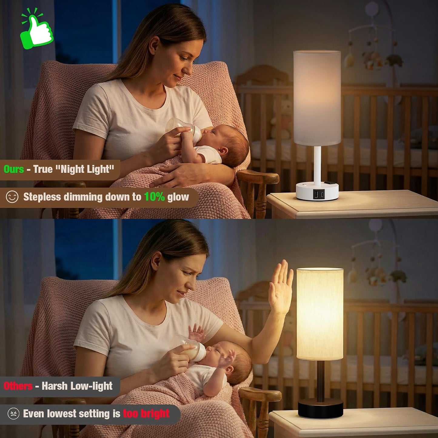 Touch Bedside Table Lamp with Memory - Stepless Dimmable Lamp for Bedroom, Small Nightstand Lamp with Dual USB Charging Ports and AC Outlet, Wood Night Light, Desk Lamp for Nursery, Living Room, Dorm