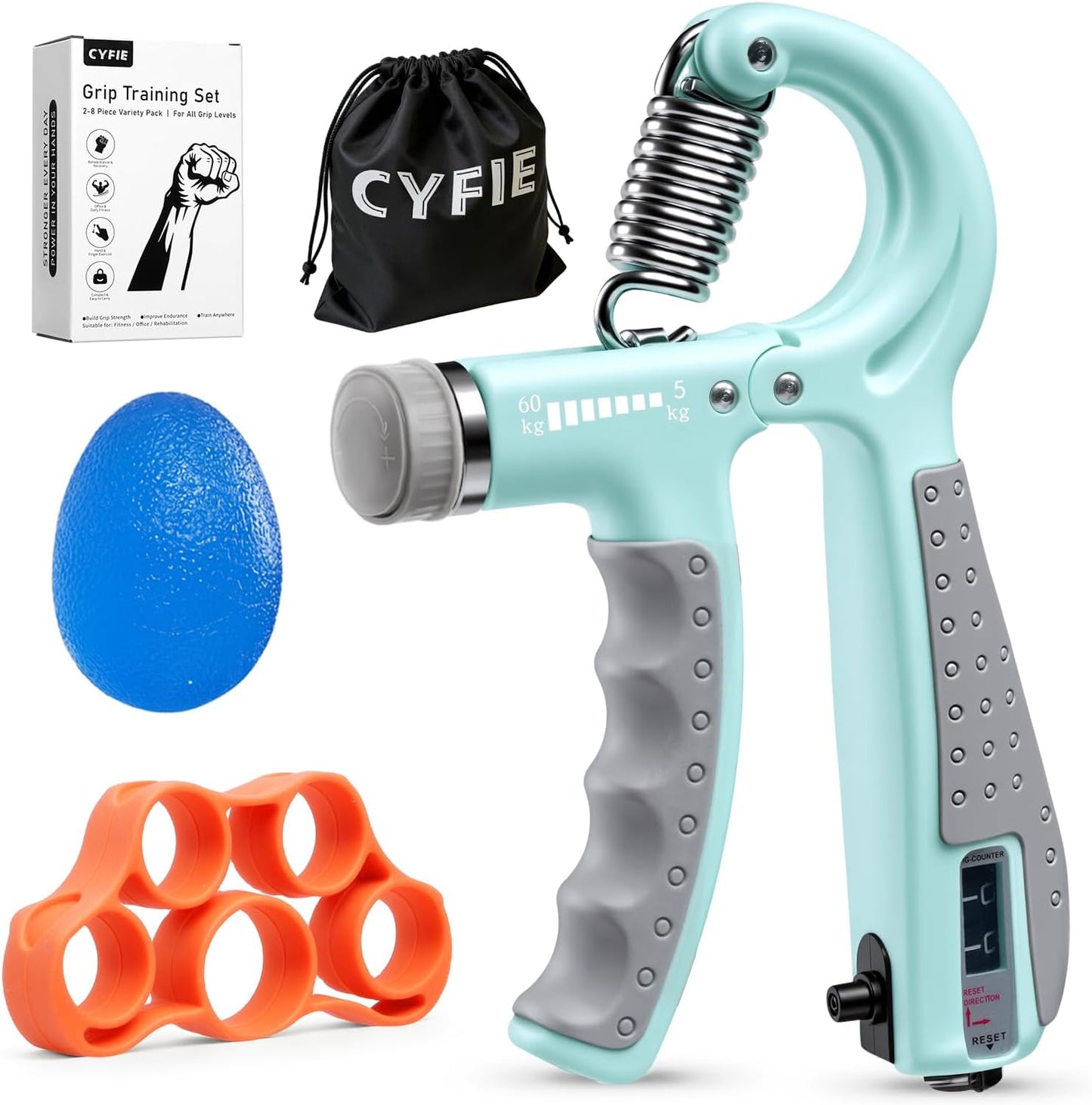 CYFIE Grip Strength Trainer Kit with Adjustable Resistance 10 - 132 Lbs, Forearm Exerciser, Finger Stretcher, Stress Ball, Forearm Strengthener for Workout wuth Storage Bag, Muscle Building and Recovery
