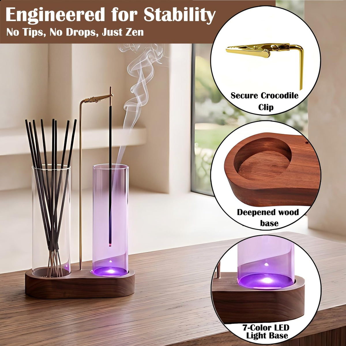Glass Glowing Incense Holder - Modern Double Tube Incense Stick Burner with Ash Catcher - Aesthetic 2-in-1 Fragrance Display for Palo Santo, Sage & Candles - Zen Decor for Yoga & Meditation