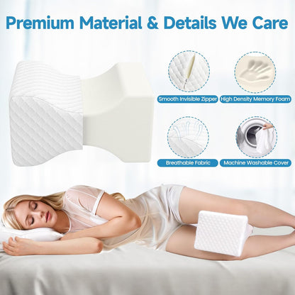 SweetSlubr Memory Foam Knee Pillow for Side Sleepers, Support Leg Pillow for Side Sleeping, Smooth Spine Alignment Pillow, Cushion for Hip, Back, Sciatica, Knee, Joints Pain Relief, White