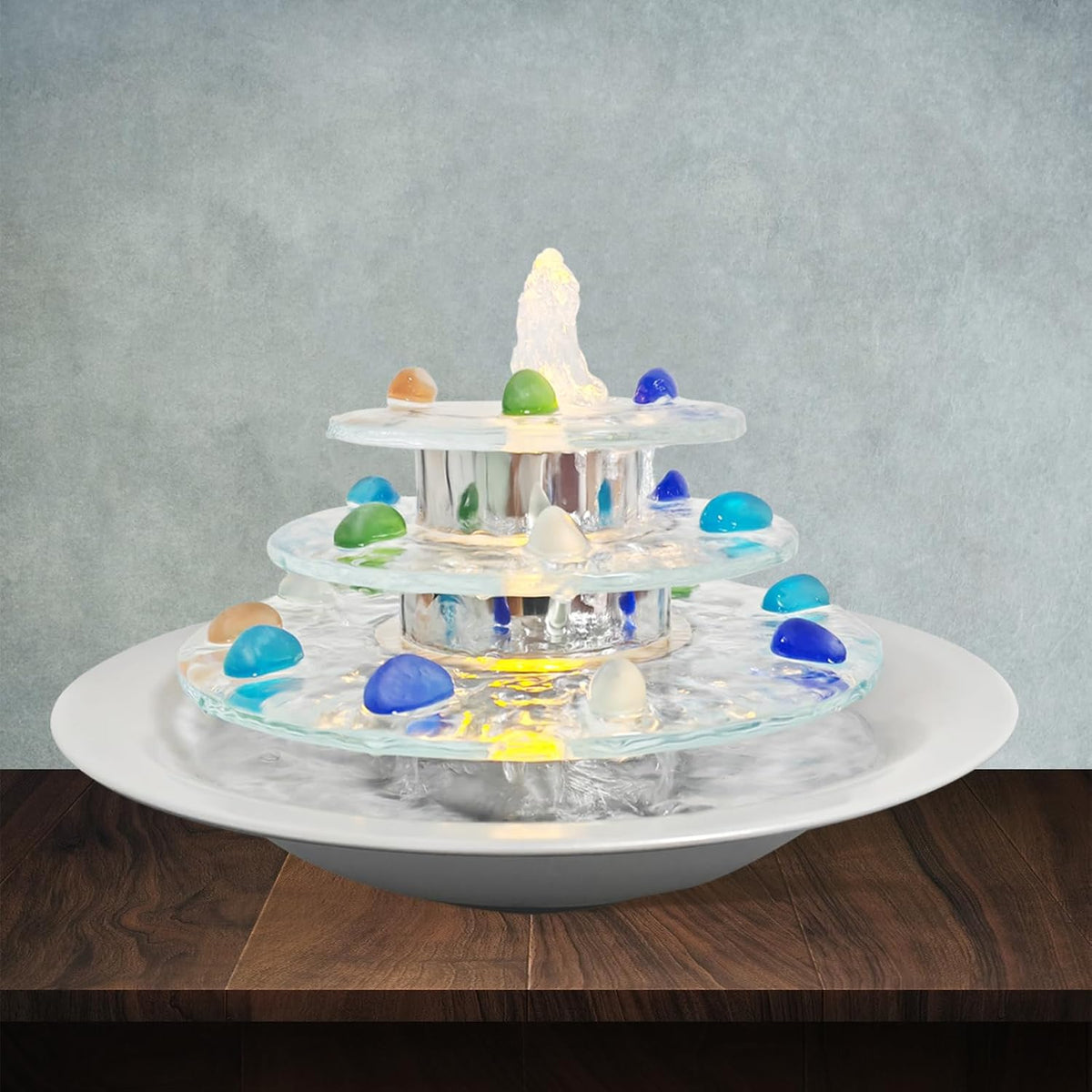 Pamopamo Indoor Tabletop Fountain 3-Tier Waterfall, Zen Meditation Fountain with LED Light, Small Desk Water Feature Soothing Sound Relaxing for Office Home Décor
