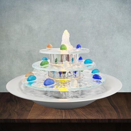 Pamopamo Indoor Tabletop Fountain 3-Tier Waterfall, Zen Meditation Fountain with LED Light, Small Desk Water Feature Soothing Sound Relaxing for Office Home Décor