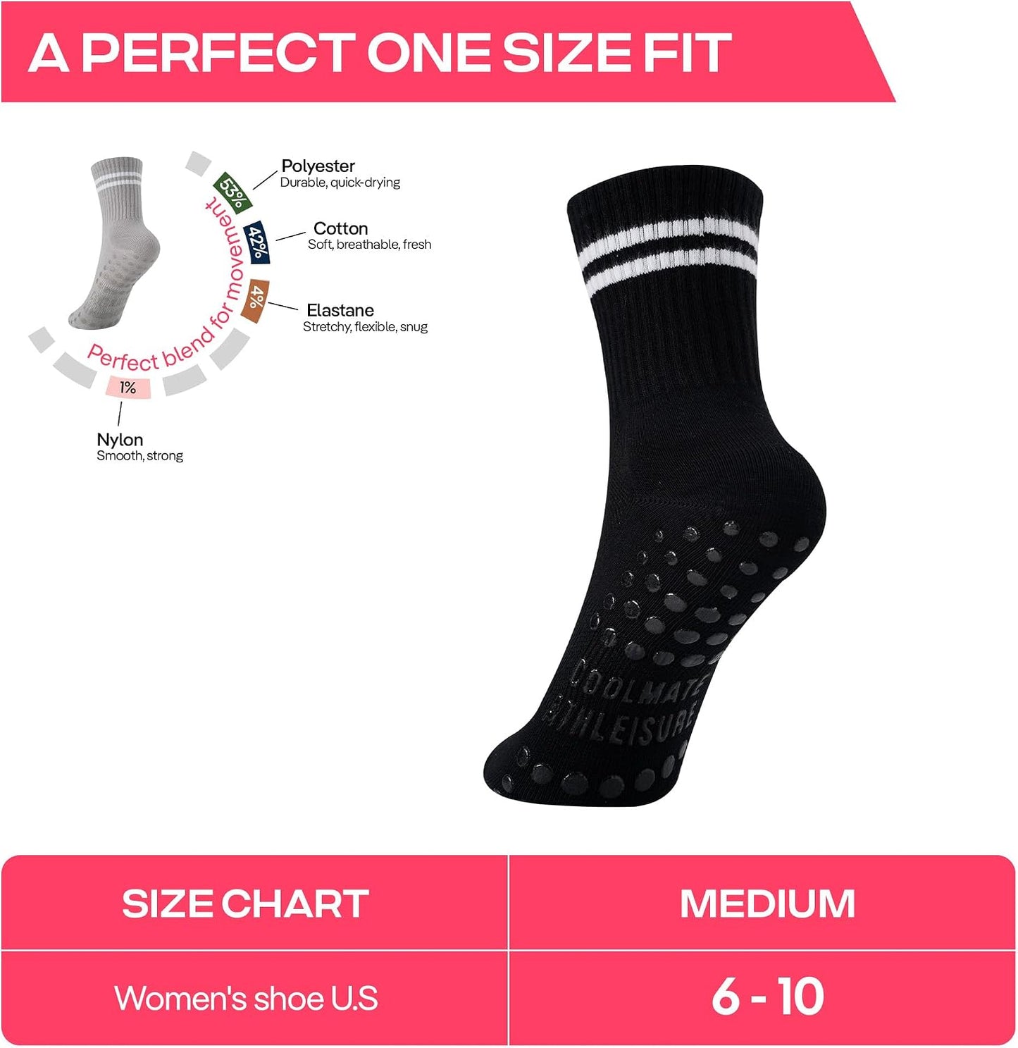 COOLMATE Pilates Socks with Grips for Women, Yoga Socks, Crew Non Slip Women for Barre, Pilates Gifts for Women - Colors A
