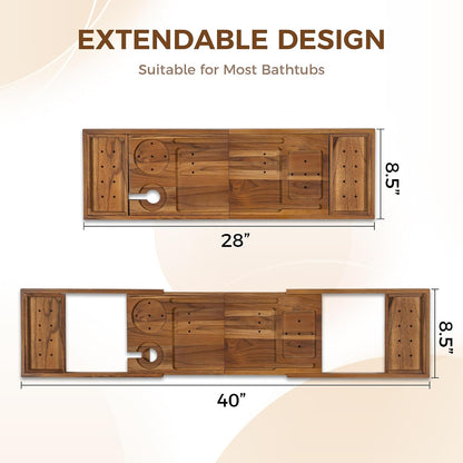 Teak Bathtub Tray - Luxury Bath Tray with Expandable Handles, Wine Glass and Phone Holders, Book Stand - Perfect for Home Spa Relaxation and Reading - Natural Bath Accessories - Dark Walnut Color