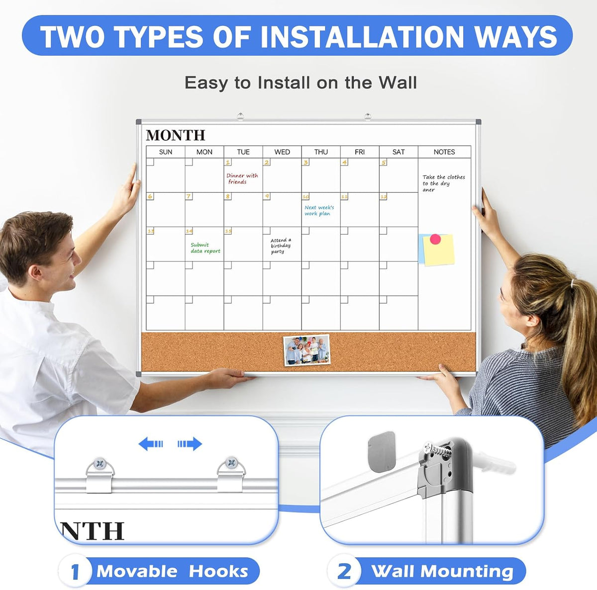 Weekly Dry Erase Calendar Whiteboard for Wall, 24" x 18" Cork Week Planner