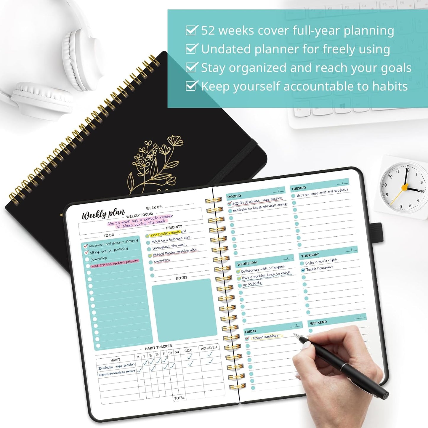 Taja Undated Weekly Planner, Weekly To Do List Notebook with Goal & Habit Tracker Organizer, A5 Weekly Planner Notebook with Spiral Binding, 6.1" x 8.2" - Green