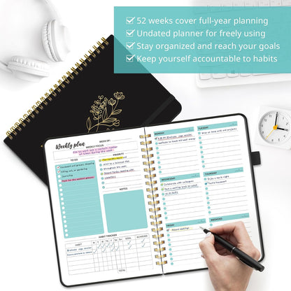 Taja Undated Weekly Planner, Weekly To Do List Notebook with Goal & Habit Tracker Organizer, A5 Weekly Planner Notebook with Spiral Binding, 6.1" x 8.2" - Green